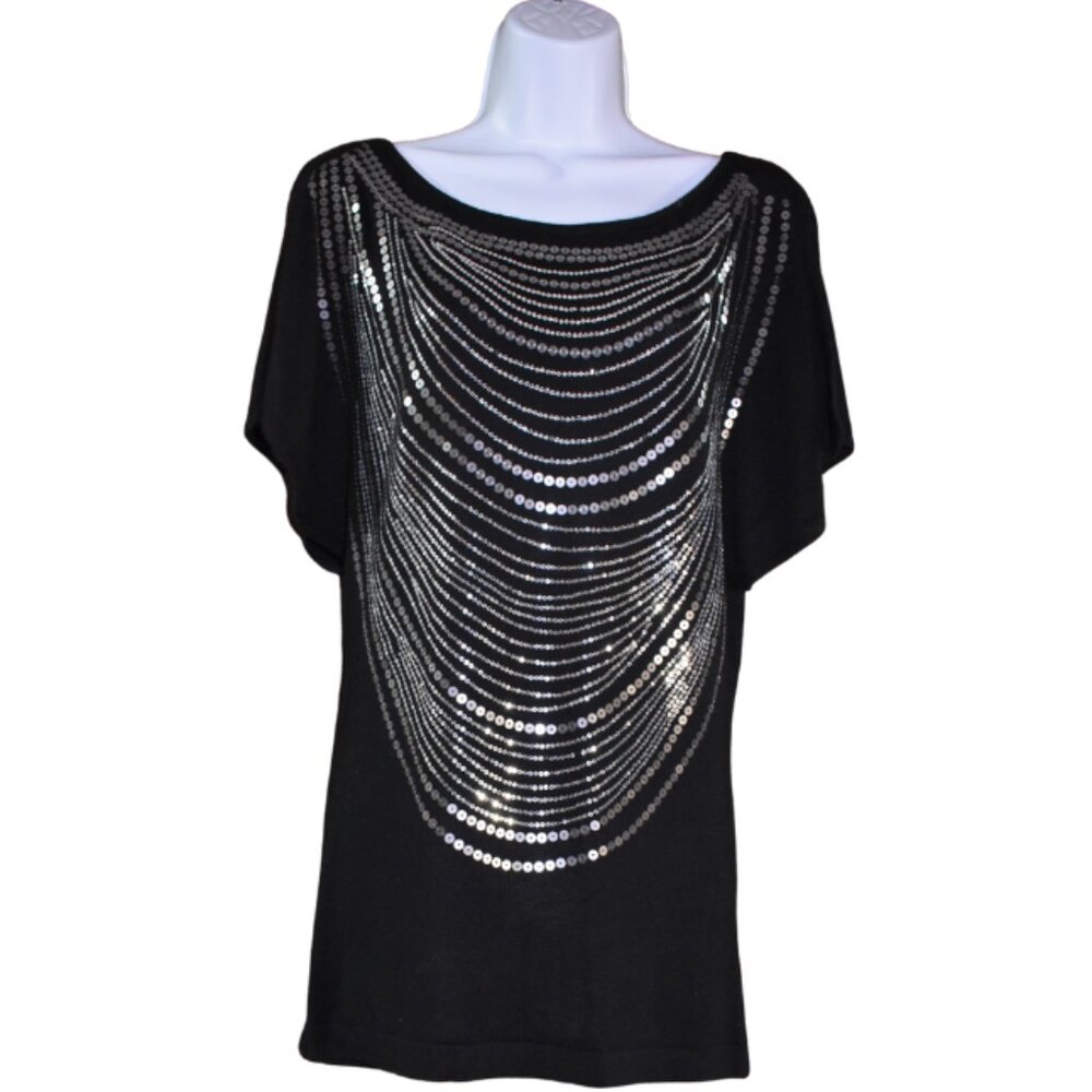 Cache Black Sequin Blouse Size M Embellished Spar… - image 1